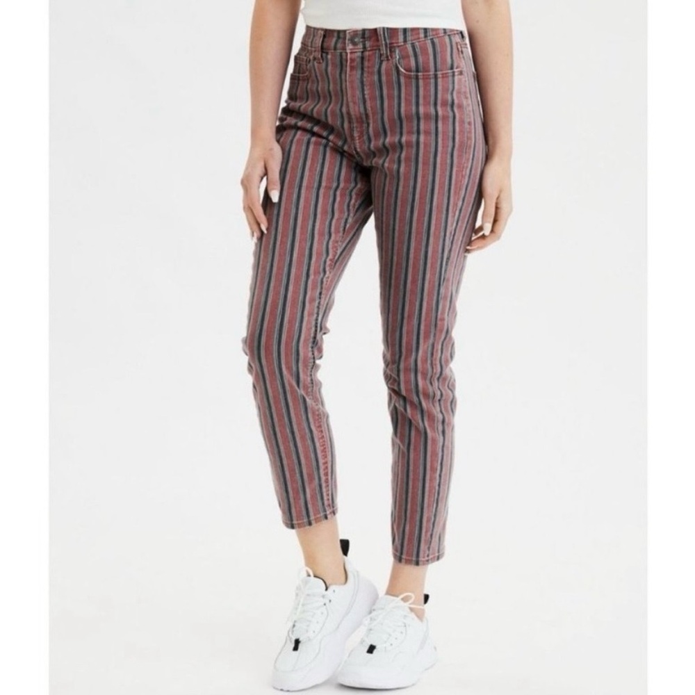 American Eagle High Rise Striped Mom Jeans Skinny Straight Leg Size 8